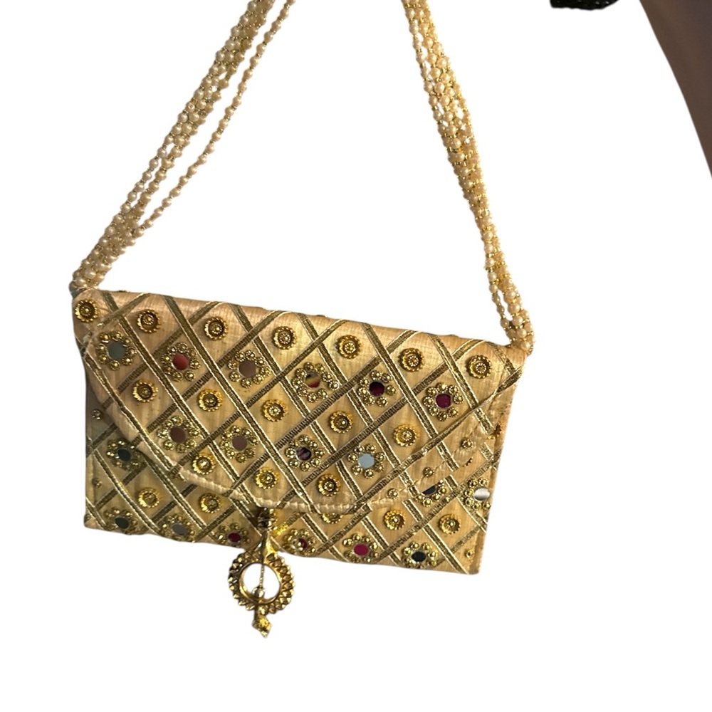 Embellished Gold Evening handbag with Pearl Strap